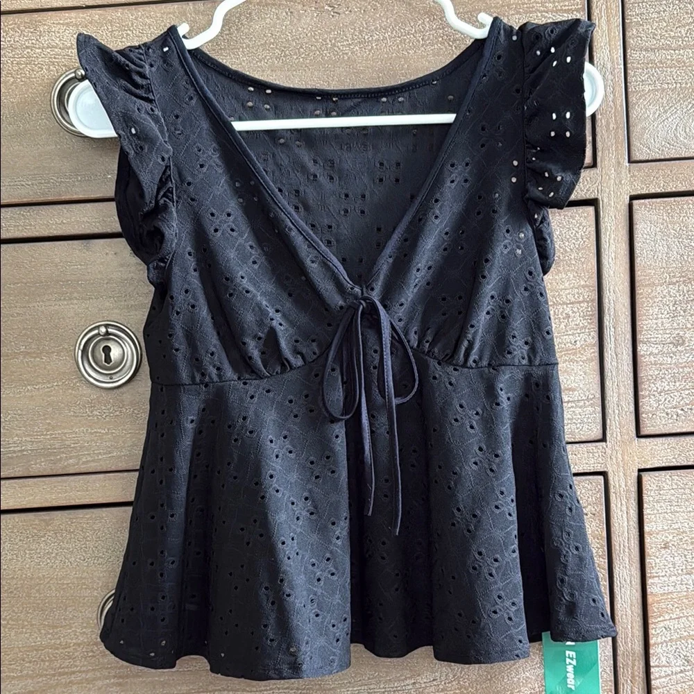 Black Eyelet Ruffle Top, Size Small - Picture 1 of 3